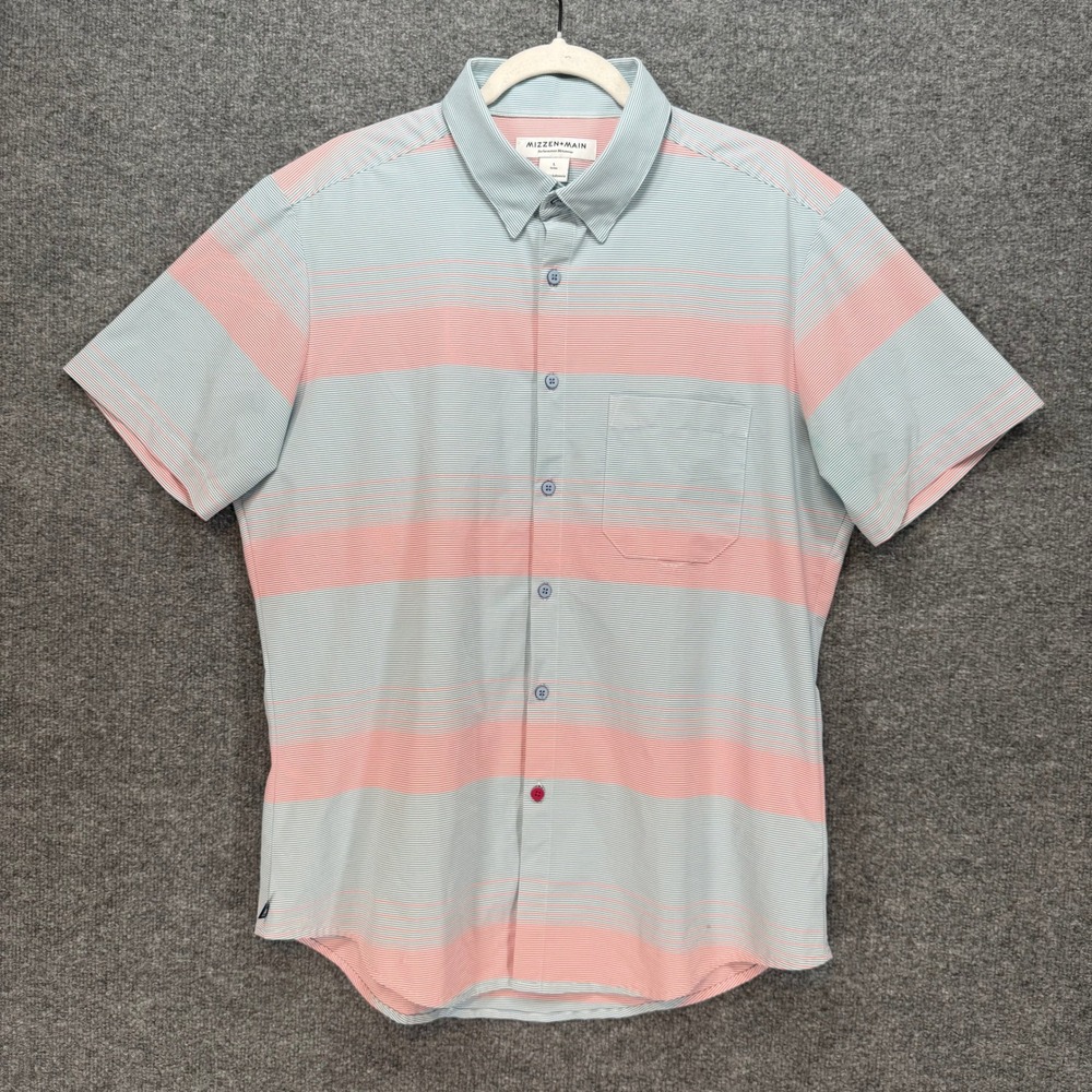 Mizzen + Main Shirt Mens Large Pink Blue Striped Performance Button Up Trim Fit
